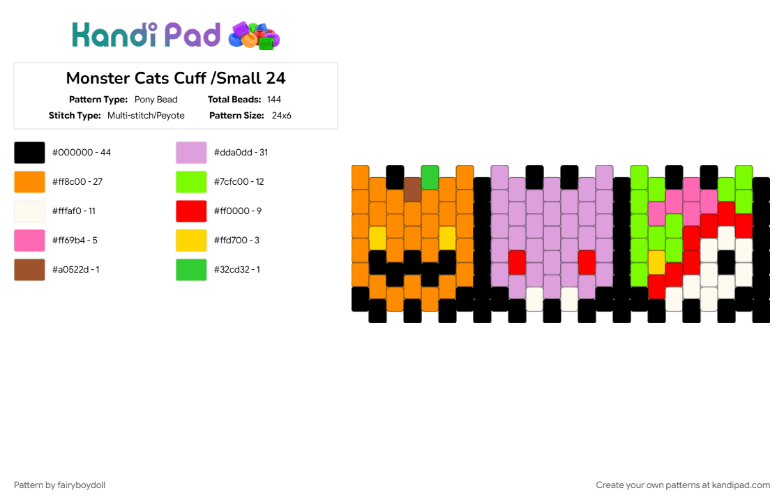 Monster Cats Cuff /Small 24 - Pony Bead Pattern by fairyboydoll on Kandi Pad - cotdmonsters, halloween, orange, pink, pumpkin, spooky, vampire, zombie