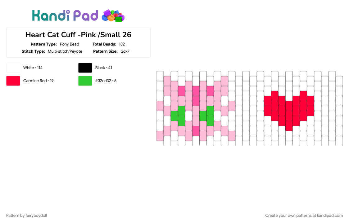 Heart Cat Cuff -Pink /Small 26 - Pony Bead Pattern by fairyboydoll on Kandi Pad - 