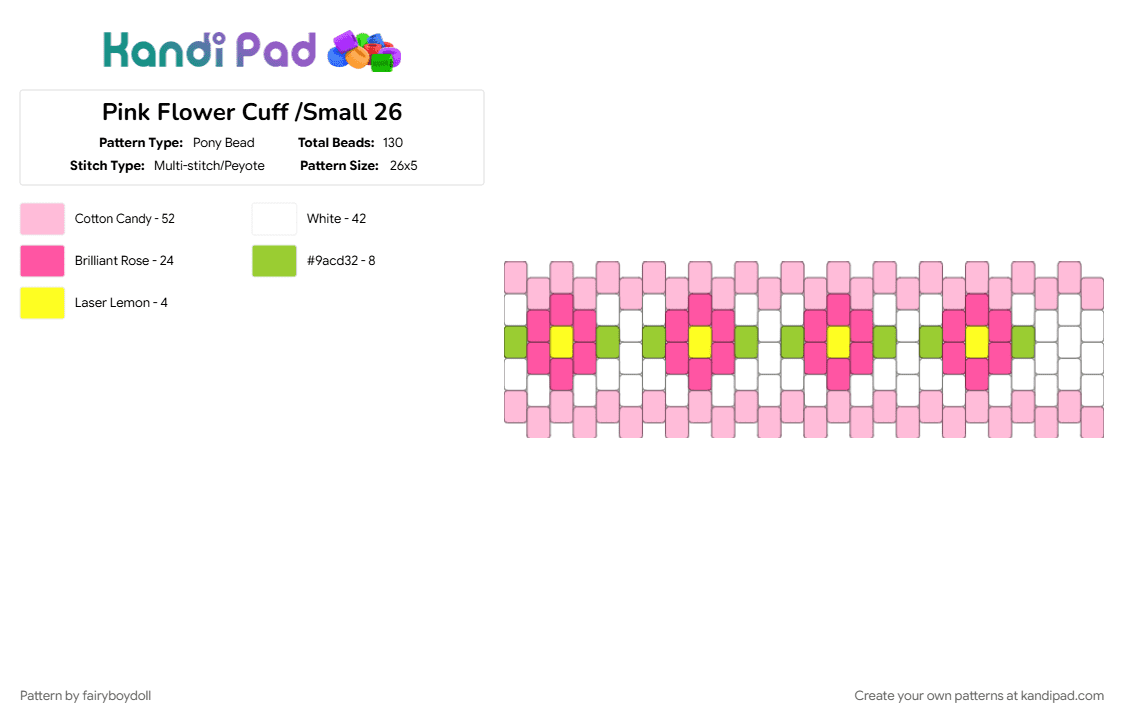 Pink Flower Cuff /Small 26 - Pony Bead Pattern by fairyboydoll on Kandi Pad - cute, flower, pink