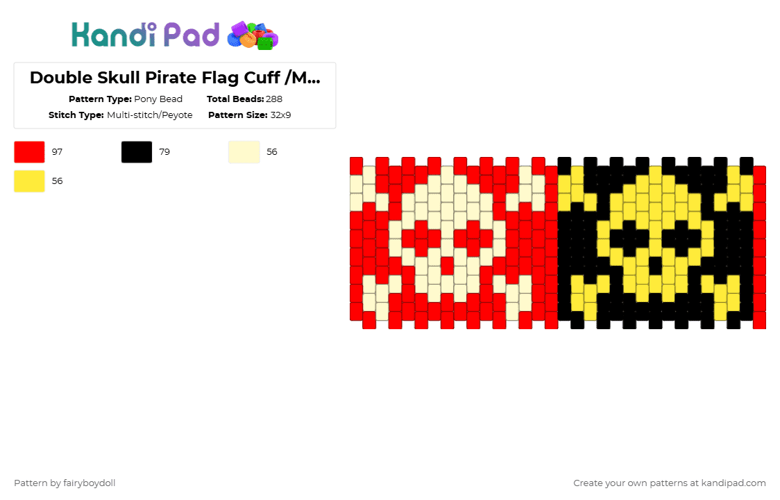 Double Skull Pirate Flag Cuff /Medium 32 - Pony Bead Pattern by fairyboydoll on Kandi Pad - red,yellow,skull,pirate,death