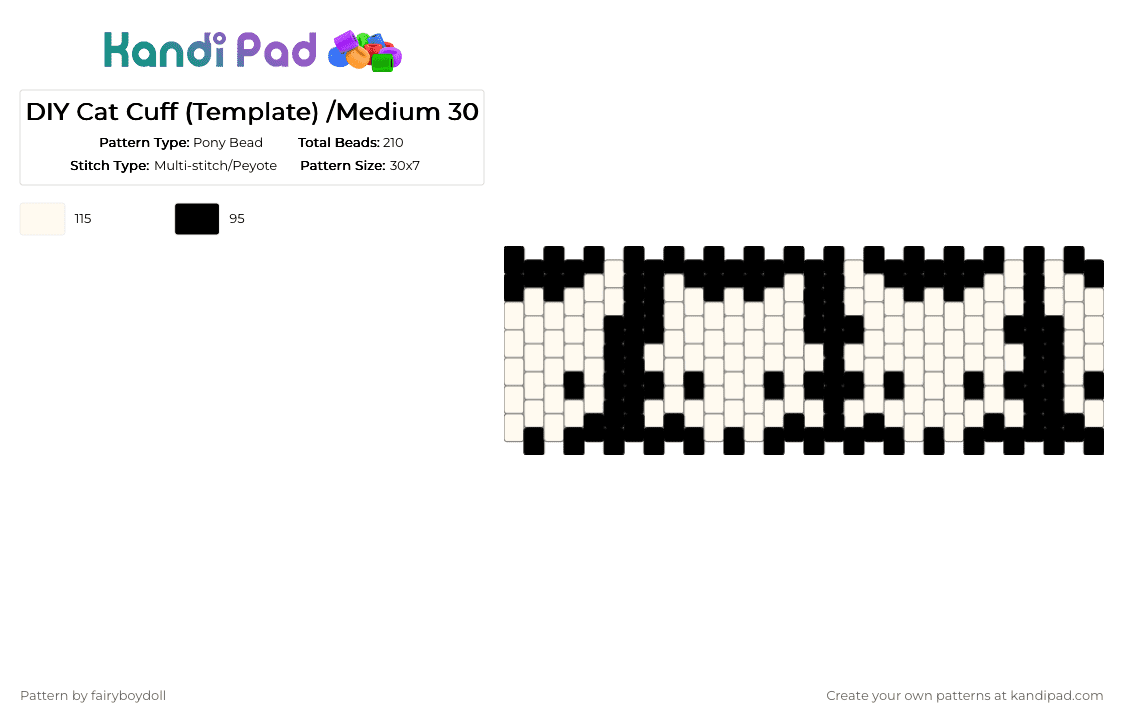 DIY Cat Cuff (Template) /Medium 30 - Pony Bead Pattern by fairyboydoll on Kandi Pad - black, cat, cuff, custom, diy, template, white