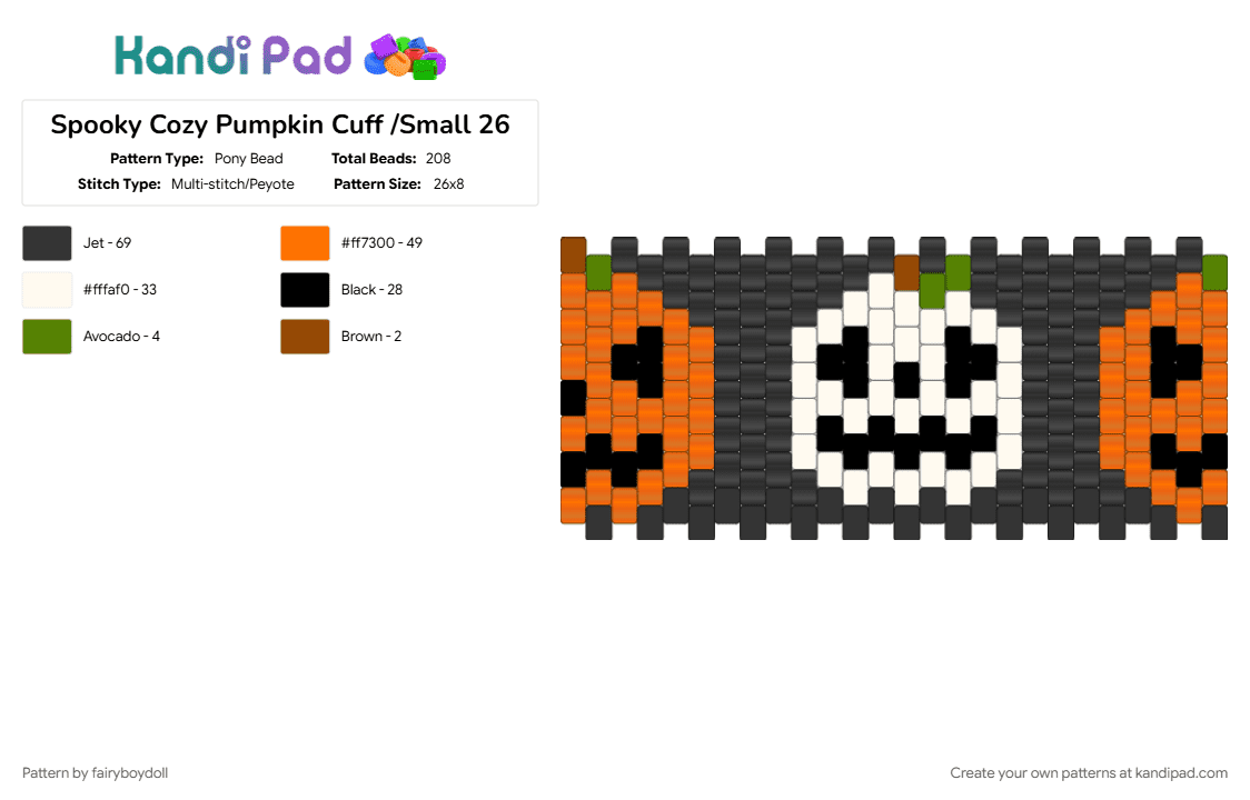 Spooky Cozy Pumpkin Cuff /Small 26 - Pony Bead Pattern by fairyboydoll on Kandi Pad - autumn, black, halloween, jackolantern, orange, pumpkin, spooky