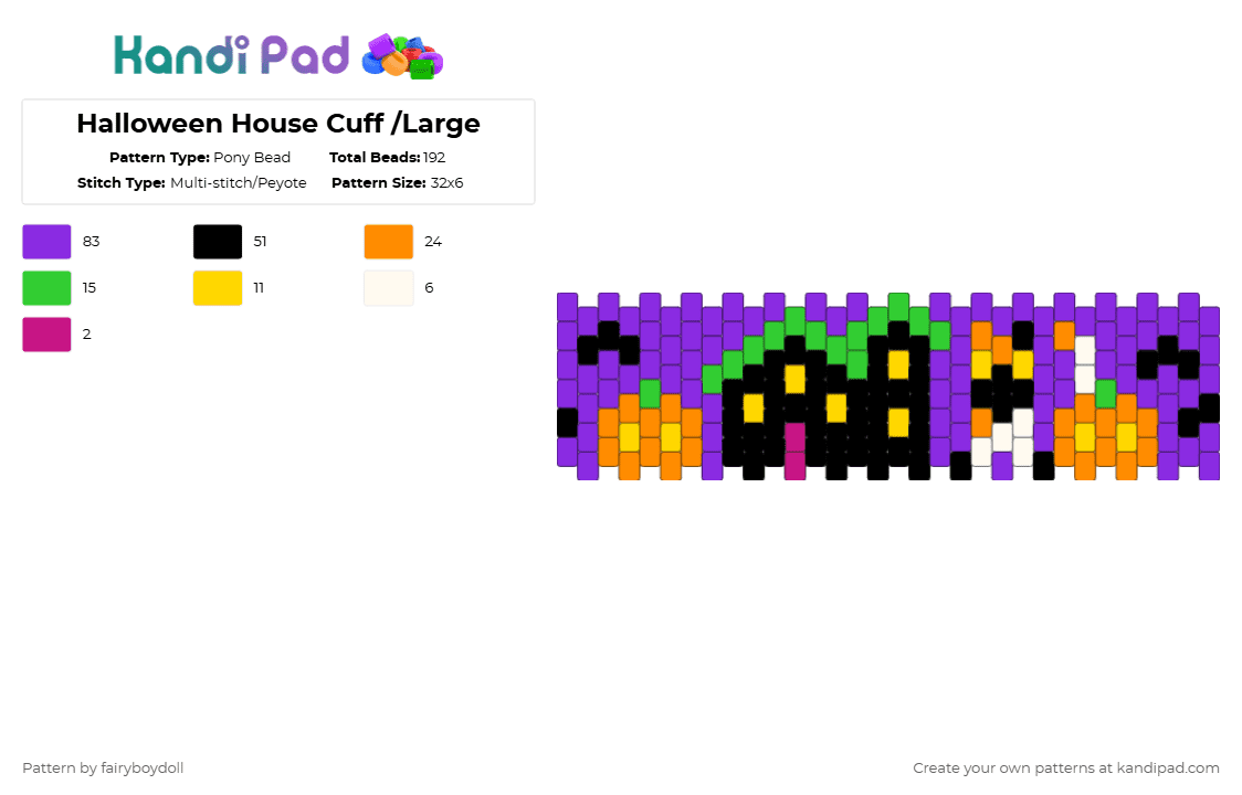 Halloween House Cuff /Medium 32 - Pony Bead Pattern by fairyboydoll on Kandi Pad - purple,halloween,house,cat,spooky