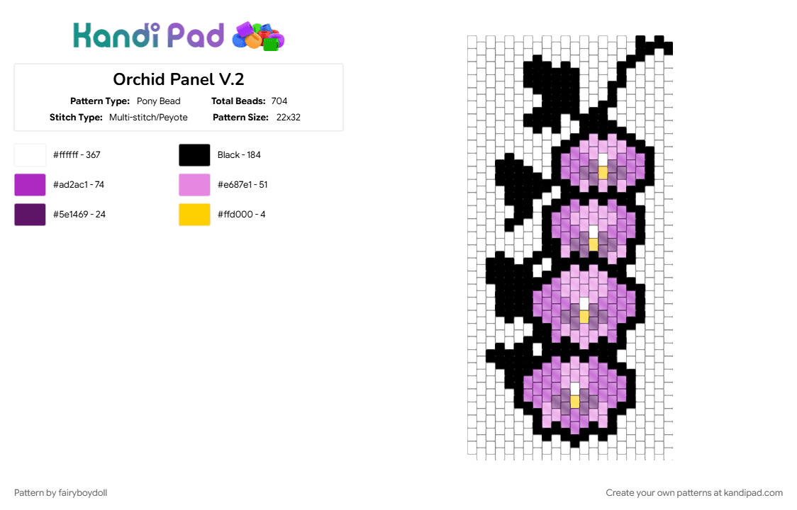 Orchid Panel V.2 - Pony Bead Pattern by fairyboydoll on Kandi Pad - flower, nature, orchid, pink, white