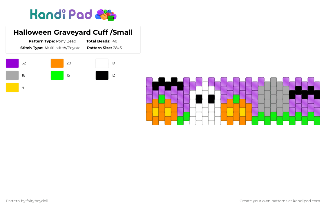 Halloween Graveyard Cuff /Small 28 - Pony Bead Pattern by fairyboydoll on Kandi Pad - purple,halloween,ghost,pumpkin,graveyard,tombstone,bat,jackolantern,spooky
