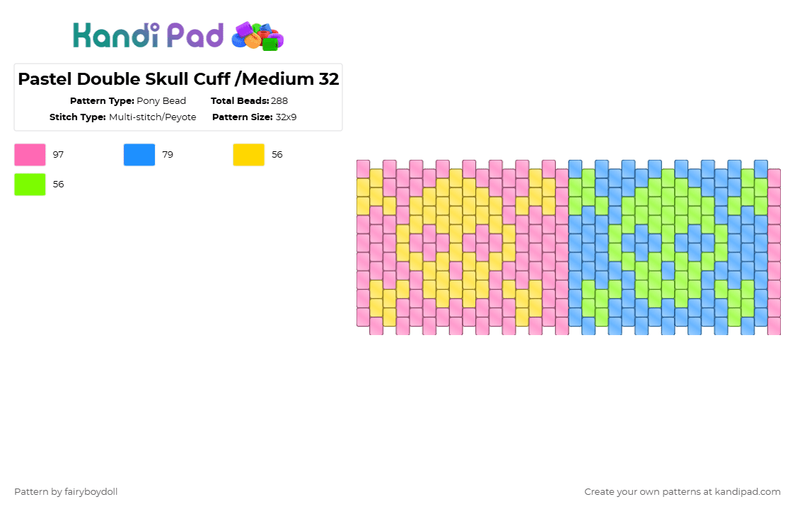 Pastel Double Skull Cuff /Medium 32 - Pony Bead Pattern by fairyboydoll on Kandi Pad - pink,light blue,skull,goth,y2k,pastel