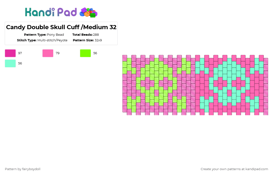 Candy Double Skull Cuff /Medium 32 - Pony Bead Pattern by fairyboydoll on Kandi Pad - pink,skull