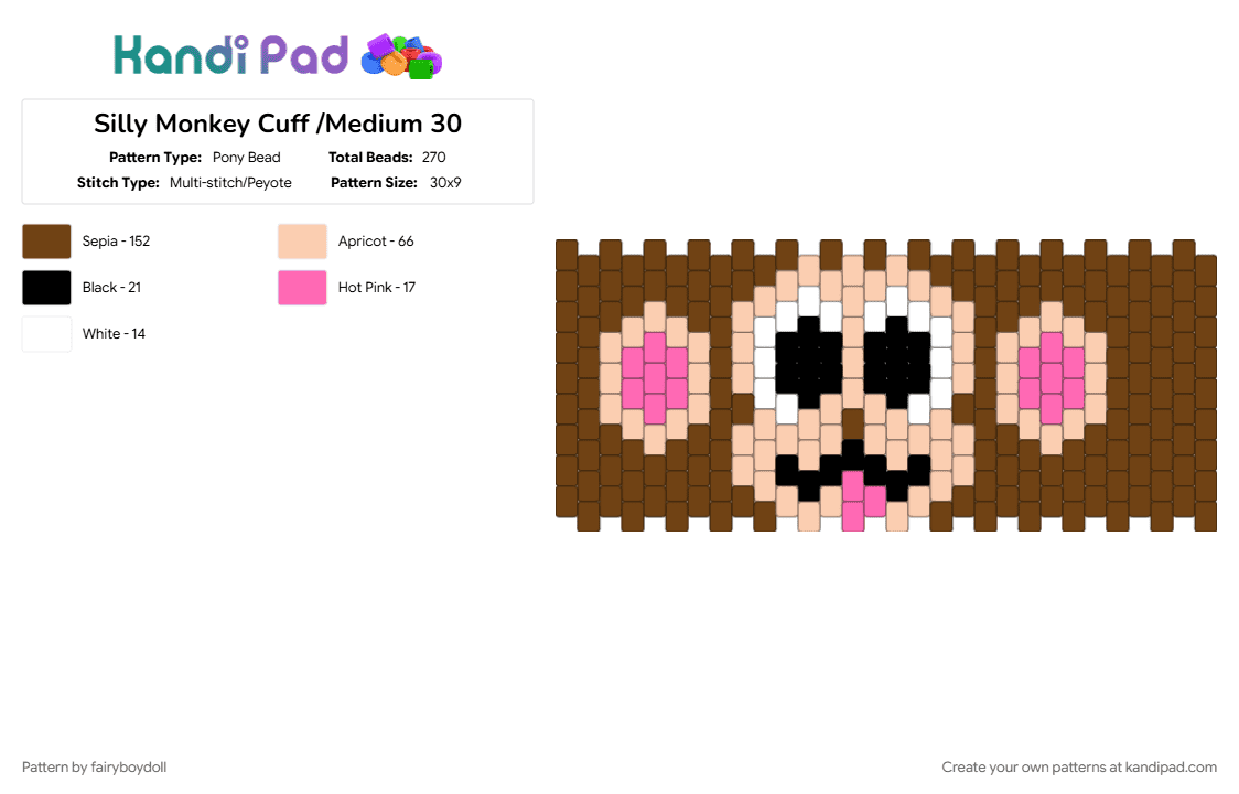 Silly Monkey Cuff /Medium 30 - Pony Bead Pattern by fairyboydoll on Kandi Pad - brown, cute, monkey, silly
