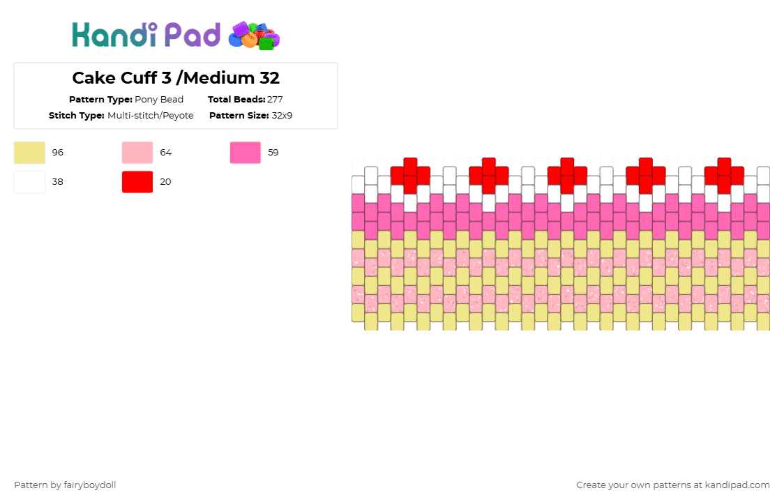 Cake Cuff 3 /Medium 32 - Pony Bead Pattern by fairyboydoll on Kandi Pad - pink,yellow,cake,sweets,food