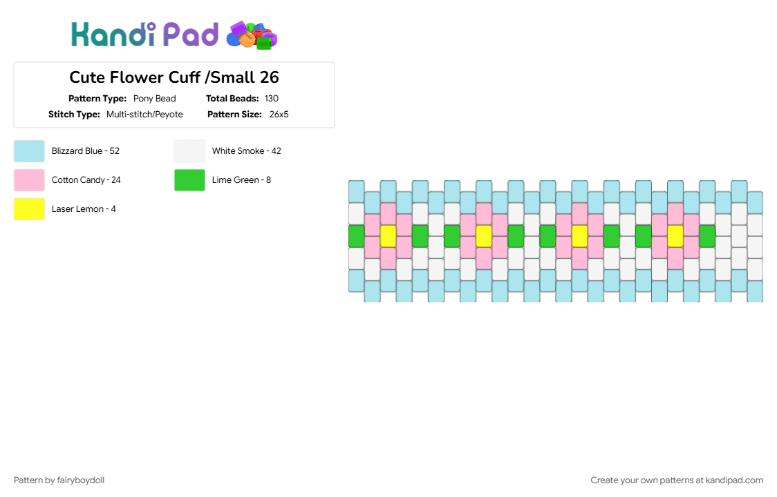 Cute Flower Cuff /Small 26 - Pony Bead Pattern by fairyboydoll on Kandi Pad - cute, flower, light blue, pink