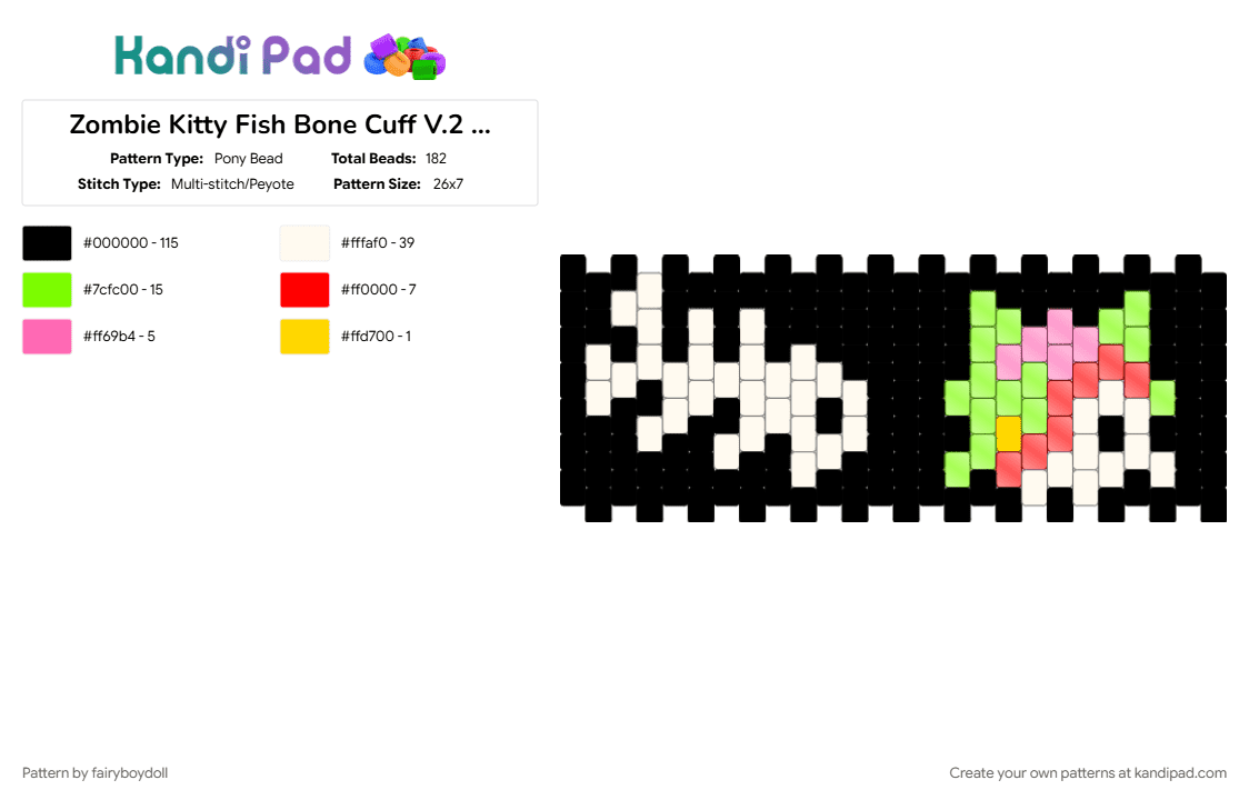 Zombie Kitty Fish Bone Cuff V.2 /Small 26 - Pony Bead Pattern by fairyboydoll on Kandi Pad - black, bone, cat, fish, green, red, skeleton, spooky, white, zombie