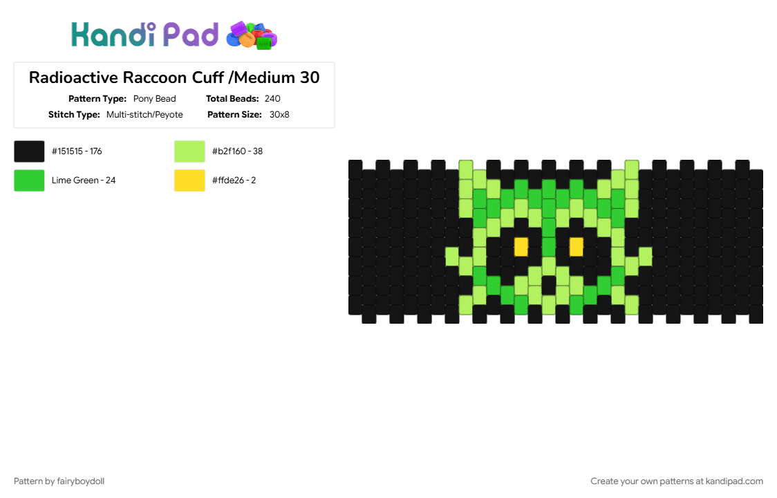 Radioactive Raccoon Cuff /Medium 30 - Pony Bead Pattern by fairyboydoll on Kandi Pad - black, green, nuclear, raccoon, radioactive, toxic
