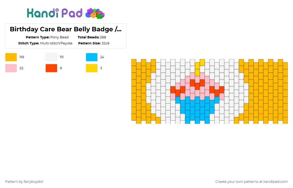 Birthday Care Bear Belly Badge /Medium 32 - Pony Bead Pattern by fairyboydoll on Kandi Pad - orange,birthday,care bear,belly badge,cupcake