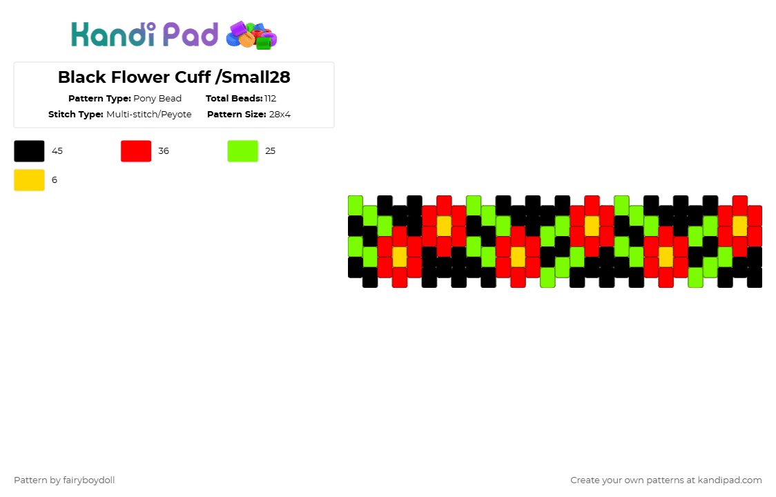 Black Flower Mini Cuff /Small 28 - Pony Bead Pattern by fairyboydoll on Kandi Pad - green,red,flower,simple,nature,cute