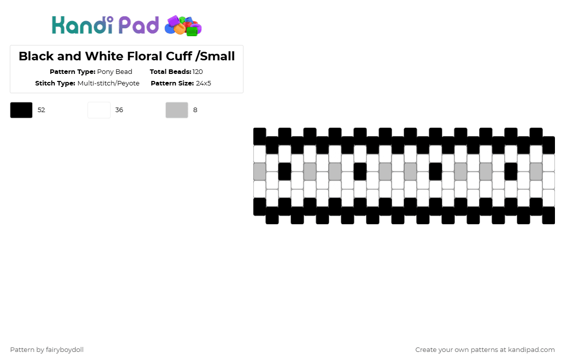Black and White Floral Cuff /Small 24 - Pony Bead Pattern by fairyboydoll on Kandi Pad - white,flower,grayscale