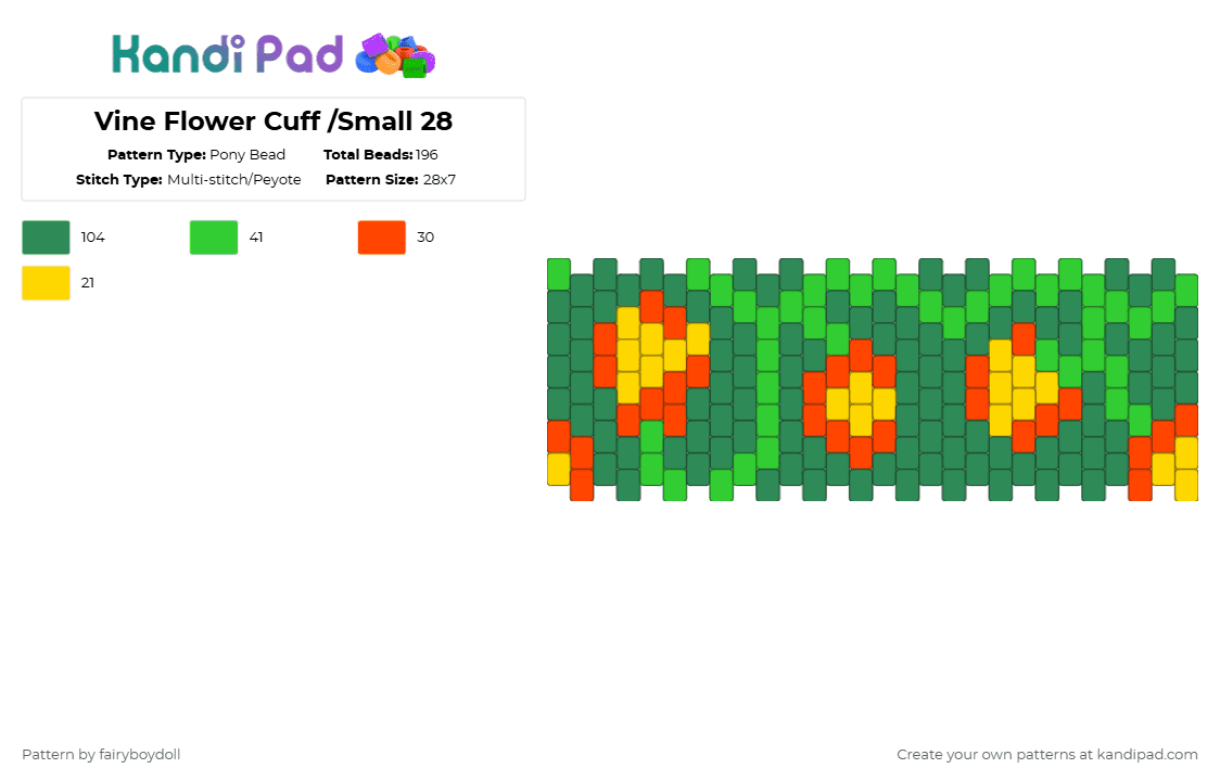 Vine Flower Cuff /Small 28 - Pony Bead Pattern by fairyboydoll on Kandi Pad - green