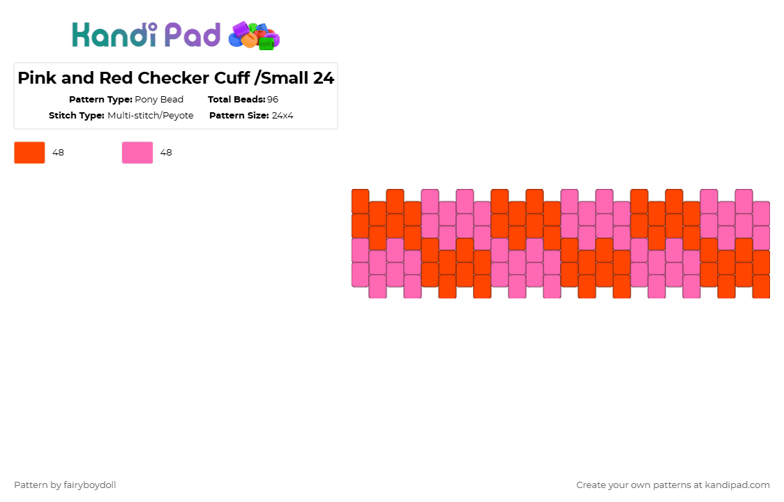 Pink and Red Checker Cuff /Small 24 - Pony Bead Pattern by fairyboydoll on Kandi Pad - red,pink