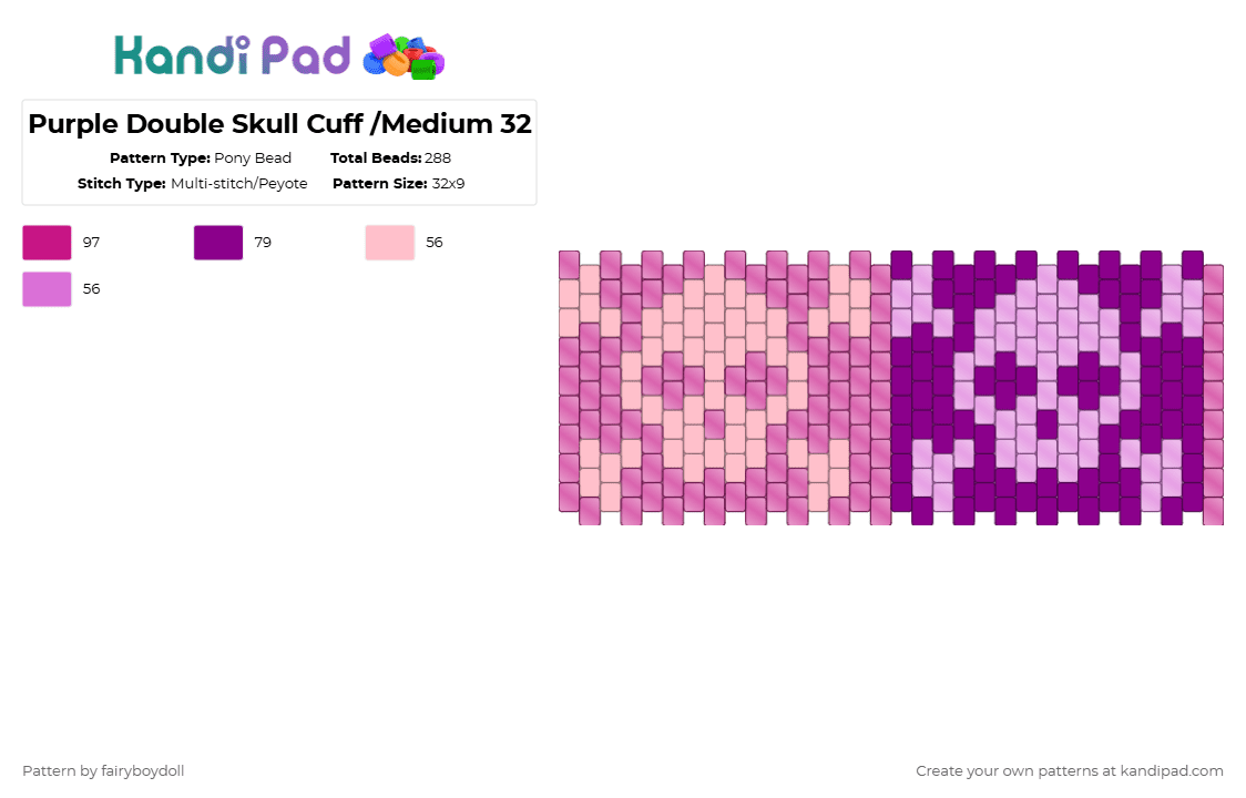 Purple Double Skull Cuff /Medium 32 - Pony Bead Pattern by fairyboydoll on Kandi Pad - pink,skull,spooky,emo,goth,y2k,punk