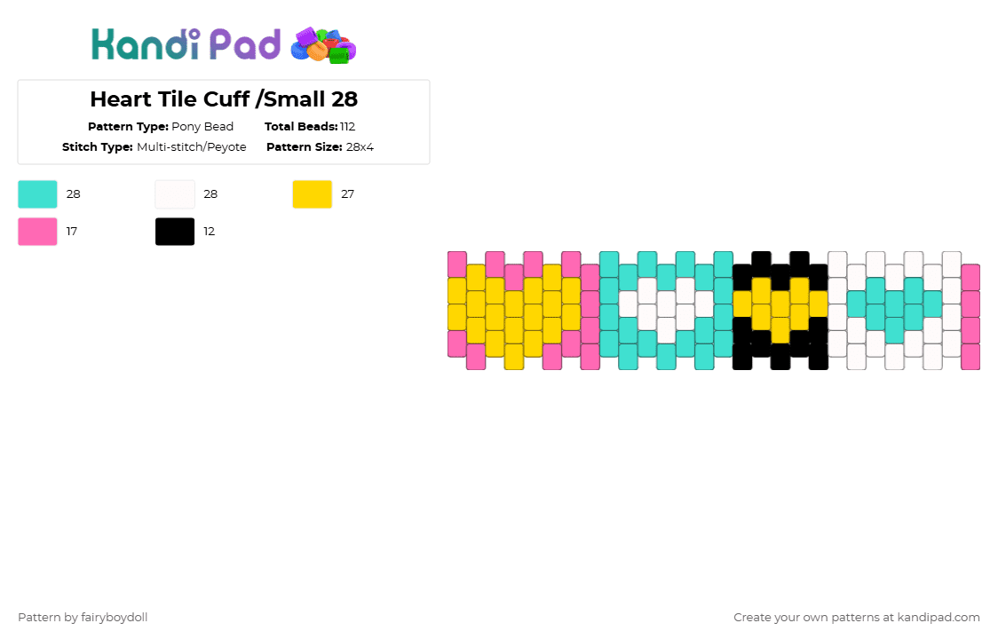 Heart Tile Mini Cuff /Small 28 - Pony Bead Pattern by fairyboydoll on Kandi Pad - yellow,light blue,heart,cute,love
