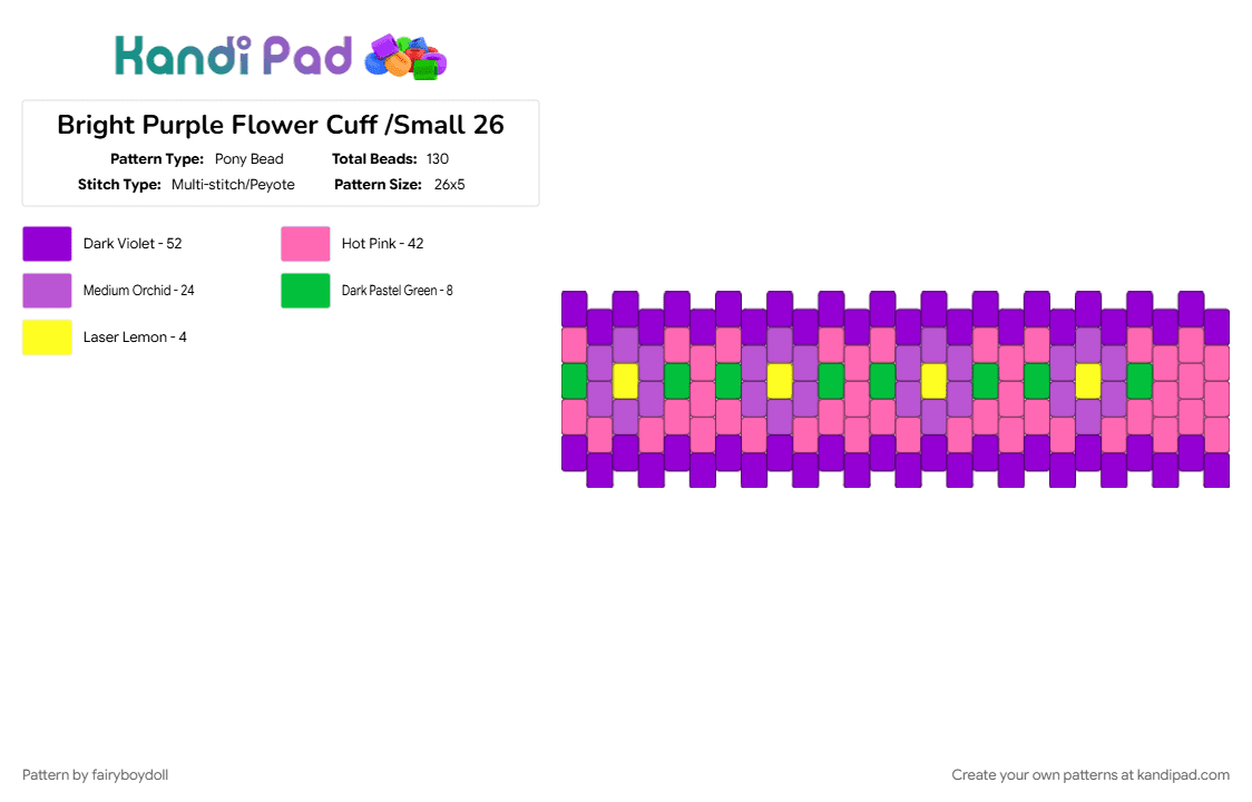 Bright Purple Flower Cuff /Small 26 - Pony Bead Pattern by fairyboydoll on Kandi Pad - cute, flower, pink, purple