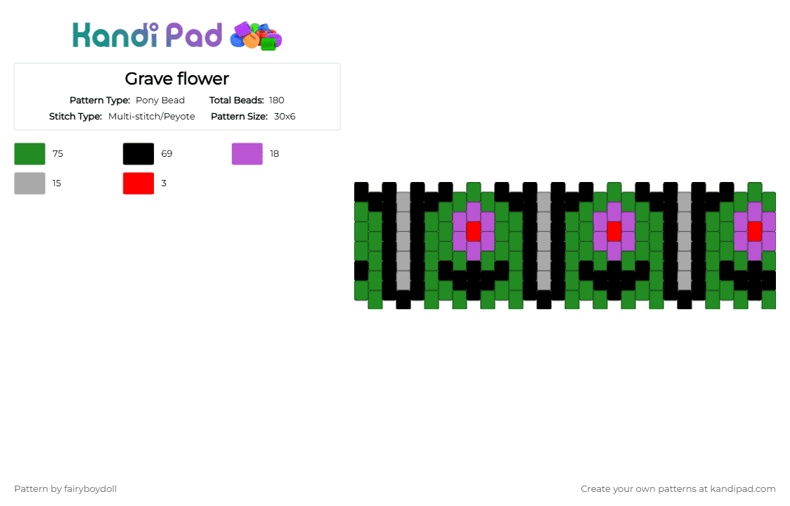 Grave Flower Cuff /Medium 30 - Pony Bead Pattern by fairyboydoll on Kandi Pad - flower, goth, green