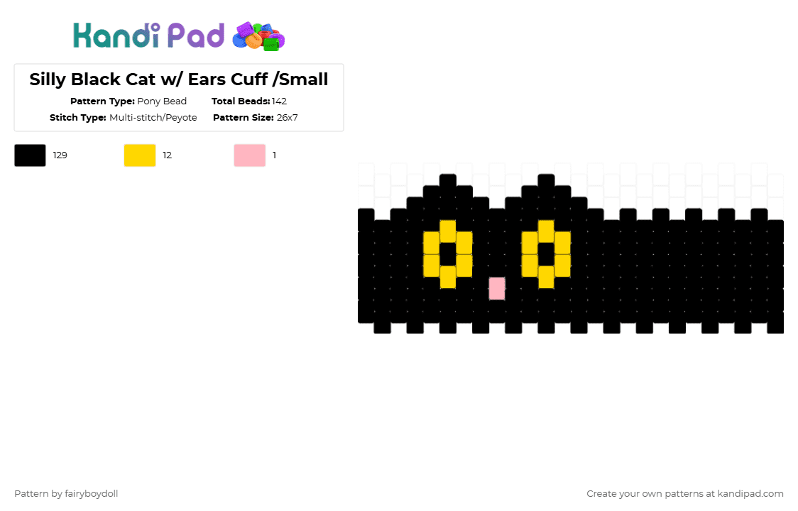 Silly Black Cat with Ears Cuff /Small 26 - Pony Bead Pattern by fairyboydoll on Kandi Pad - black,yellow,cat,kitten,animal,cute,spooky,silly