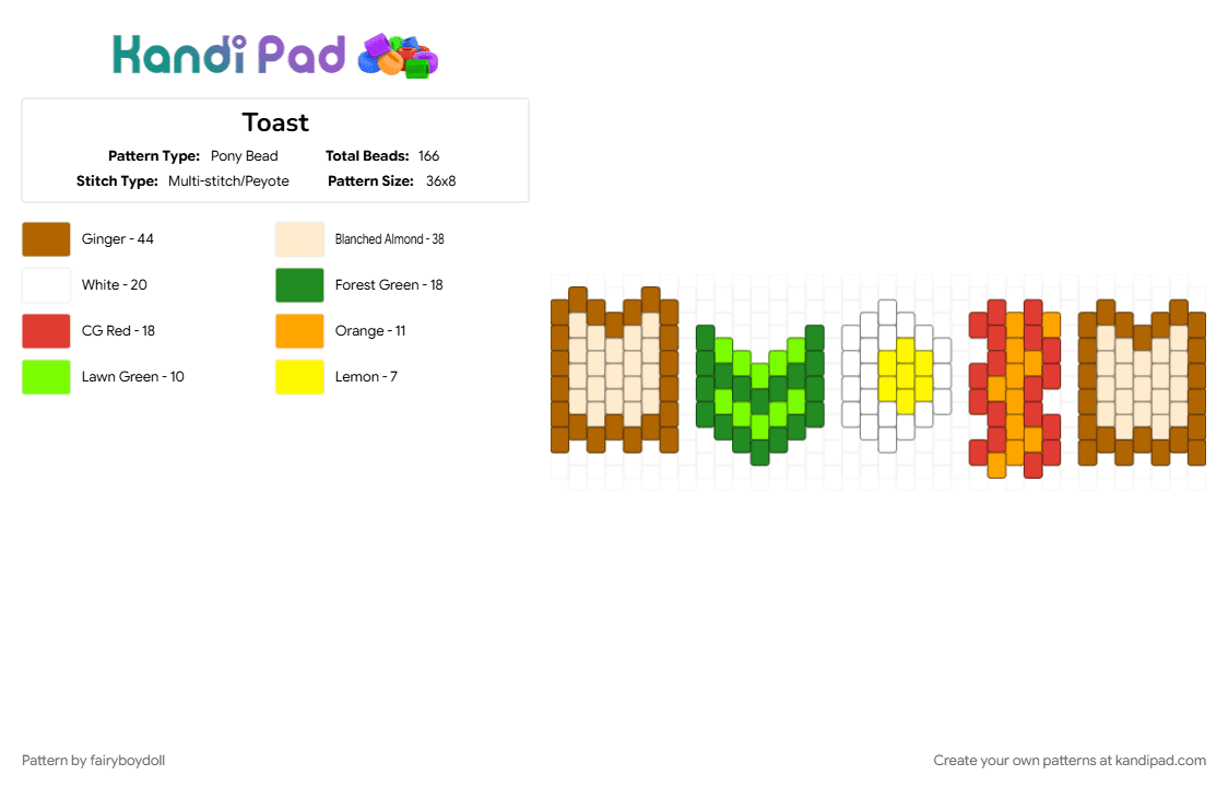 Toast Charms / Breakfast Sandwich - Pony Bead Pattern by fairyboydoll on Kandi Pad - beige, bread, breakfast, charms, food, green, tan, toast