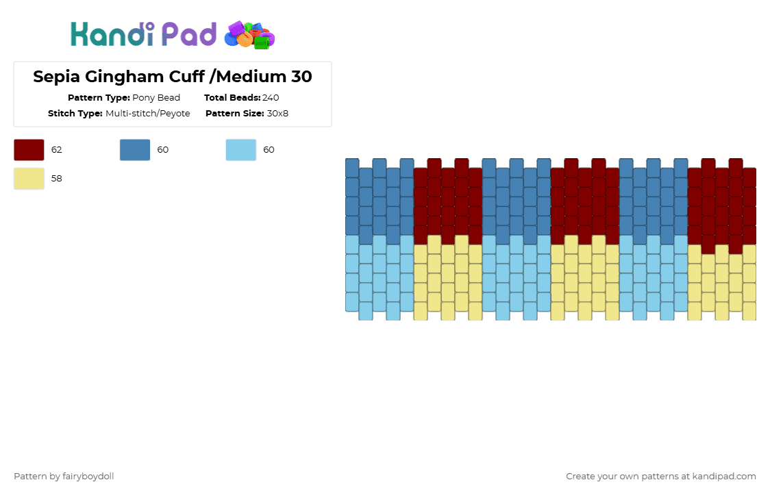 Sepia Gingham Tile Cuff /Medium 30 - Pony Bead Pattern by fairyboydoll on Kandi Pad - blue,brown,light blue,yellow,color,block,sepia,gingham