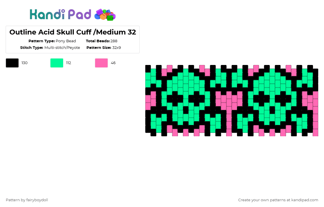 Outline Acid Skull Cuff /Medium 32 - Pony Bead Pattern by fairyboydoll on Kandi Pad - teal,pink,skull,scene,emo,punk