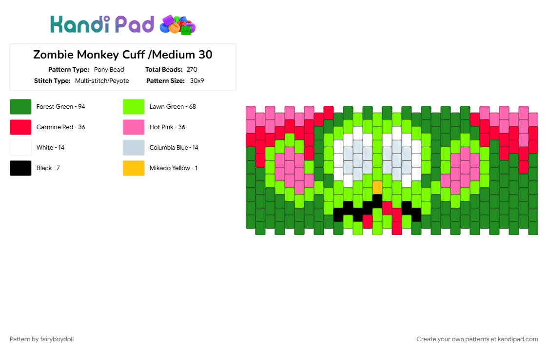 Zombie Monkey Cuff /Medium 30 - Pony Bead Pattern by fairyboydoll on Kandi Pad - cuff, green, halloween, monkey, spooky, zombie