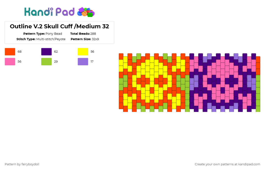 Outline V.2 Skull Cuff /Medium 32 - Pony Bead Pattern by fairyboydoll on Kandi Pad - red,yellow,pink,purple,skull