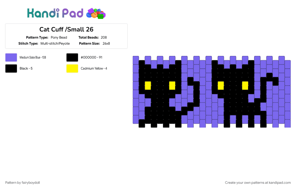 Cats Cuff /Small 26 - Pony Bead Pattern by fairyboydoll on Kandi Pad - blue, cat