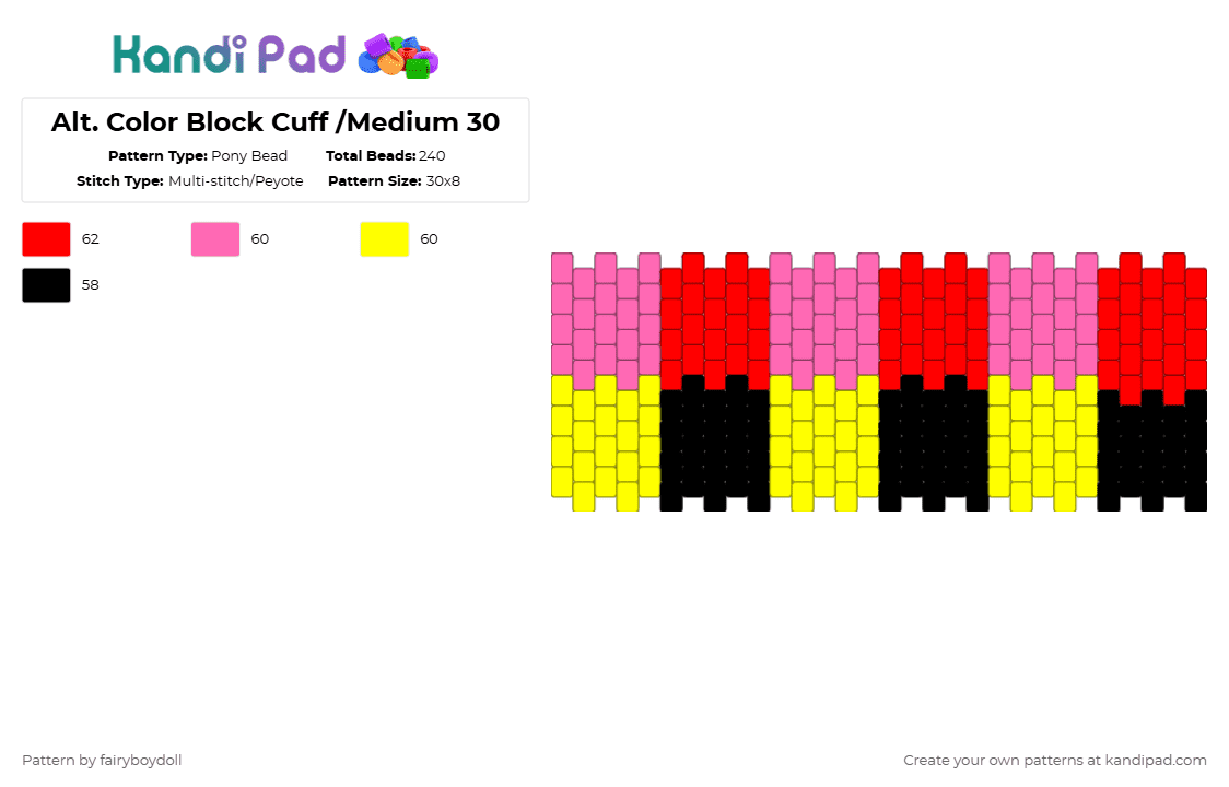 Alt. Color Block Cuff /Medium 30 - Pony Bead Pattern by fairyboydoll on Kandi Pad - pink,red,yellow,color,block