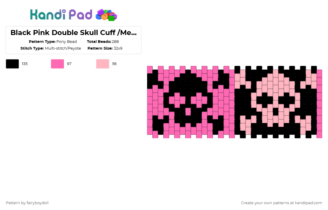 Black Pink Double Skull Cuff /Medium 32 - Pony Bead Pattern by fairyboydoll on Kandi Pad - pink,black,skull,goth,y2k