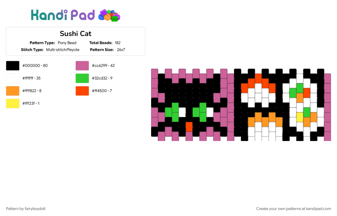 Sushi Cat Cuff /Small 26 - Pony Bead Pattern by fairyboydoll on Kandi Pad - cat, sushi