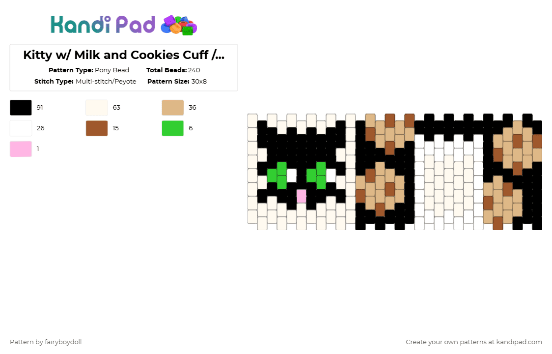 Kitty with Milk and Cookies Cuff /Medium 30 - Pony Bead Pattern by fairyboydoll on Kandi Pad - white,beige,red,cat,milk,cookie