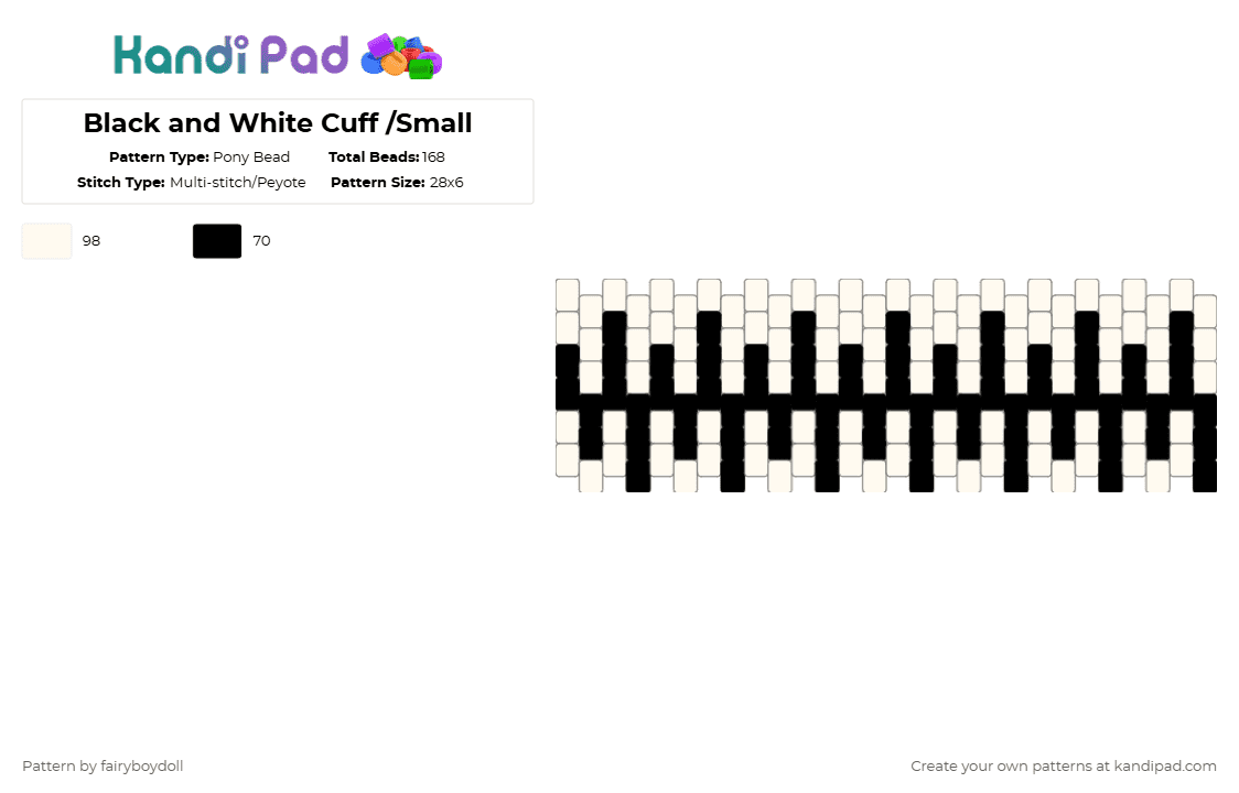 Black and White Cuff /Small 28 - Pony Bead Pattern by fairyboydoll on Kandi Pad - black,white