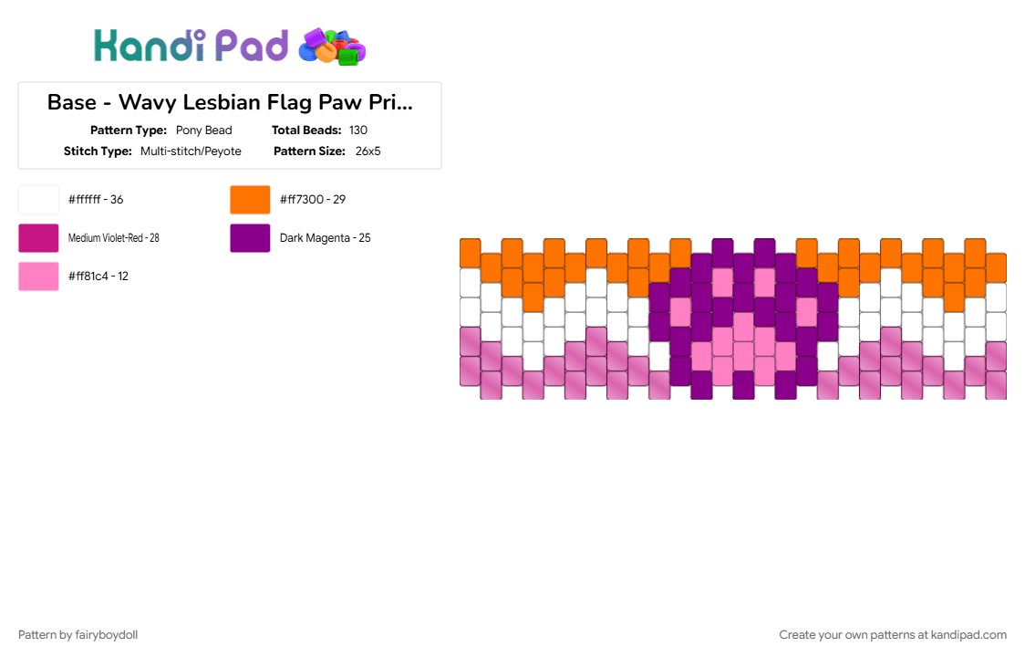 Base - Wavy Lesbian Flag Paw Print Cuff /Small 26 - Pony Bead Pattern by fairyboydoll on Kandi Pad - 