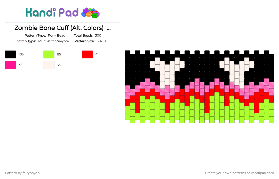 Zombie Bone Cuff (Alt. Colors)  /Medium 30 - Pony Bead Pattern by fairyboydoll on Kandi Pad - bone, green, spooky, zombie