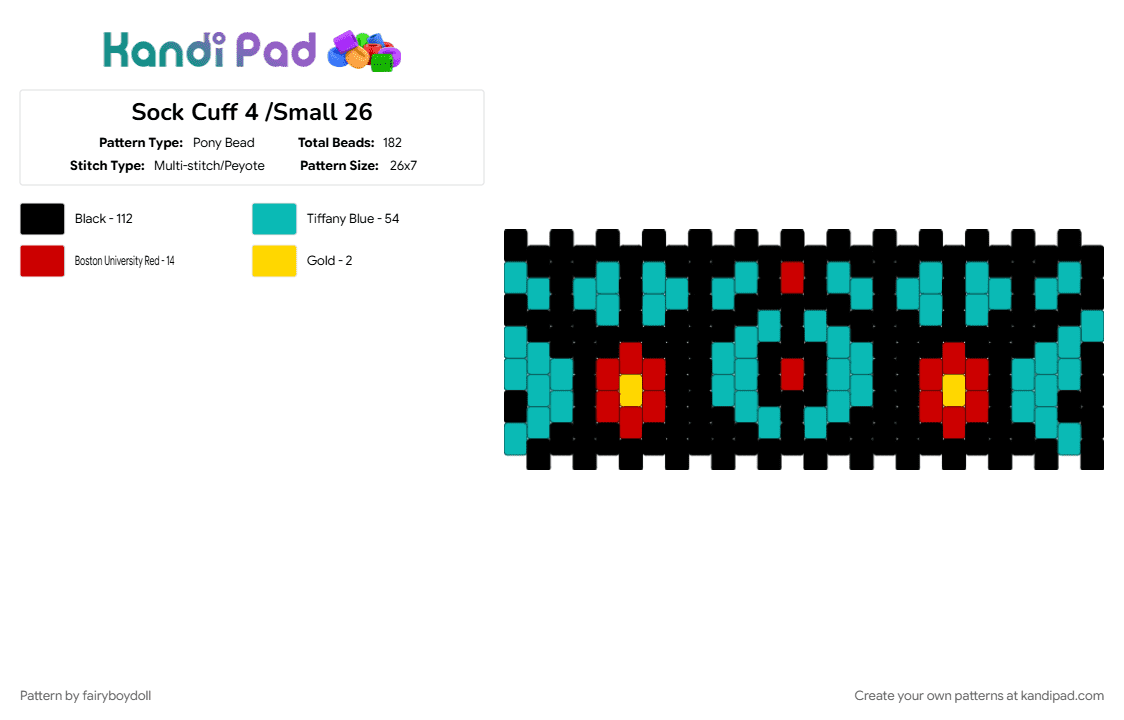 Sock Cuff 4 /Small 26 - Pony Bead Pattern by fairyboydoll on Kandi Pad - black, teal