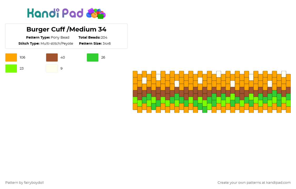 Burger Cuff /Medium 34 - Pony Bead Pattern by fairyboydoll on Kandi Pad - orange,burger,food