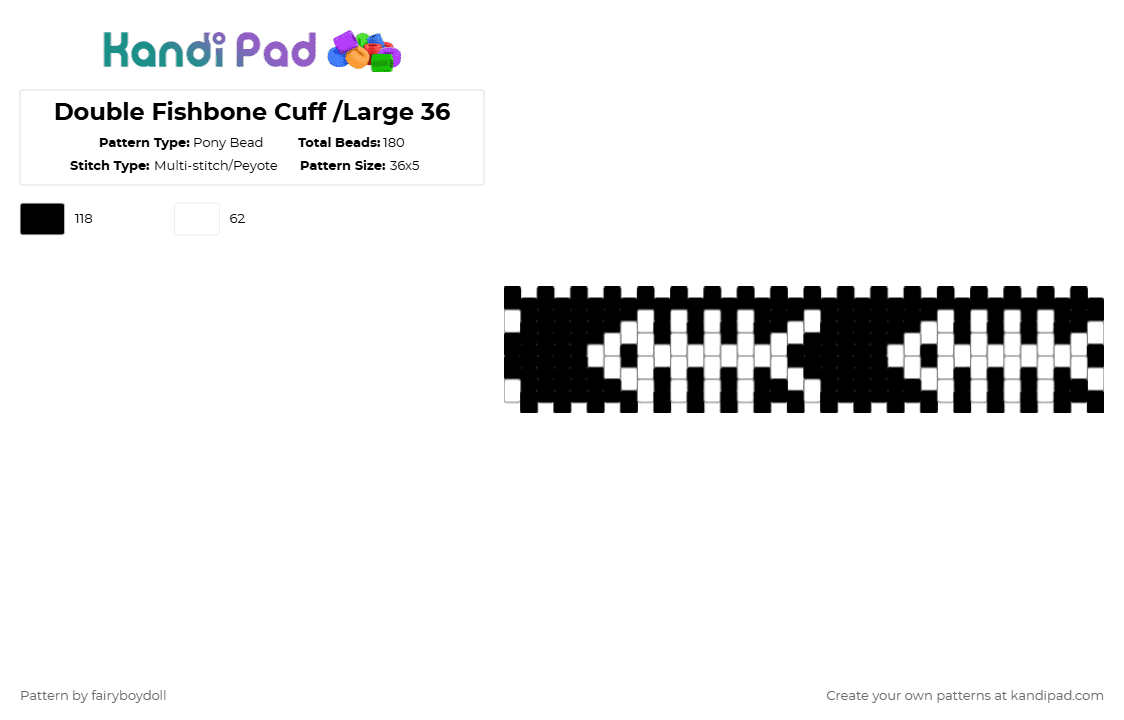 Double Fishbone Cuff /Large 36 - Pony Bead Pattern by fairyboydoll on Kandi Pad - black,white,fishbone,fish,skeleton