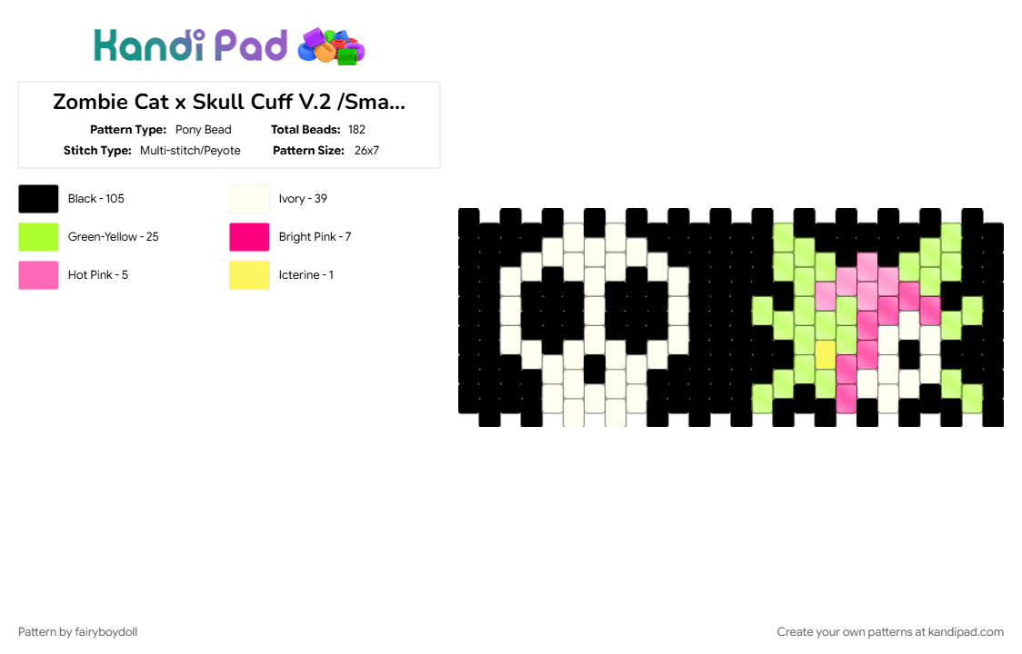 Zombie Cat x Skull Cuff V.2 /Small 26 - Pony Bead Pattern by fairyboydoll on Kandi Pad - black, cat, cotdzombies, green, skull, white, zombie