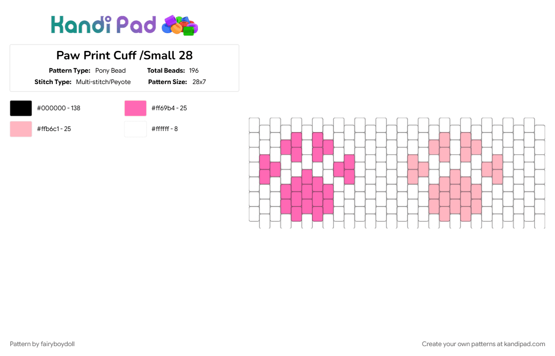 Paw Print Cuff /Small 28 - Pony Bead Pattern by fairyboydoll on Kandi Pad - white