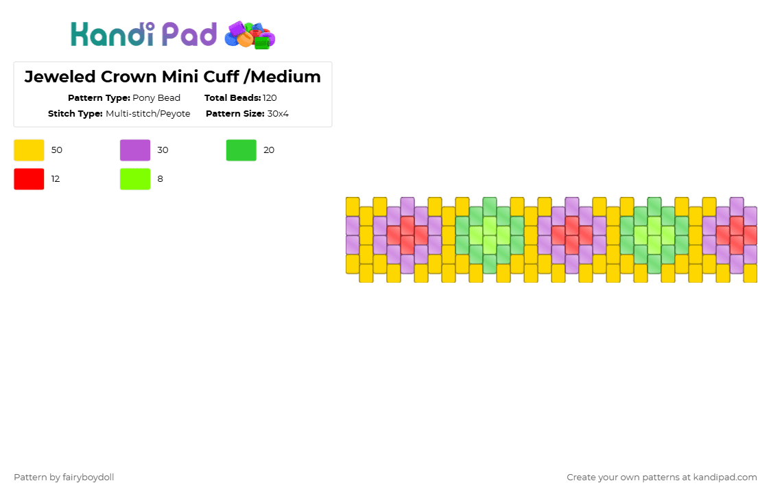 Jeweled Crown Mini Cuff /Medium 30 - Pony Bead Pattern by fairyboydoll on Kandi Pad - yellow,pink,jewel,crown,gold,gems