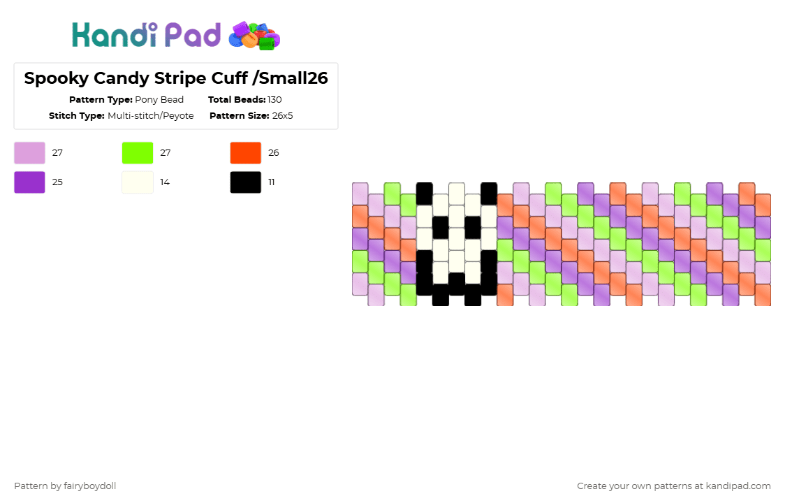 Spooky Candy Stripe Cuff /Small 26 - Pony Bead Pattern by fairyboydoll on Kandi Pad - pink,green,red,purple,spooky,candy