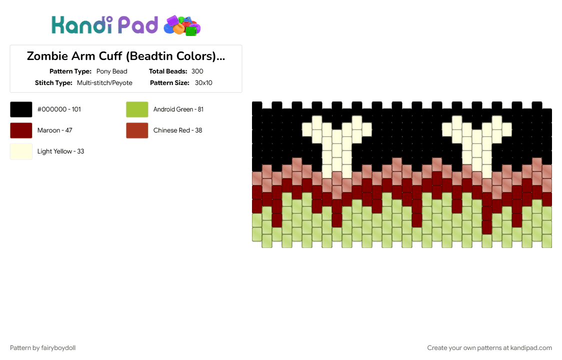 Zombie Arm Cuff (Beadtin Colors) /Medium 30 - Pony Bead Pattern by fairyboydoll on Kandi Pad - green, red