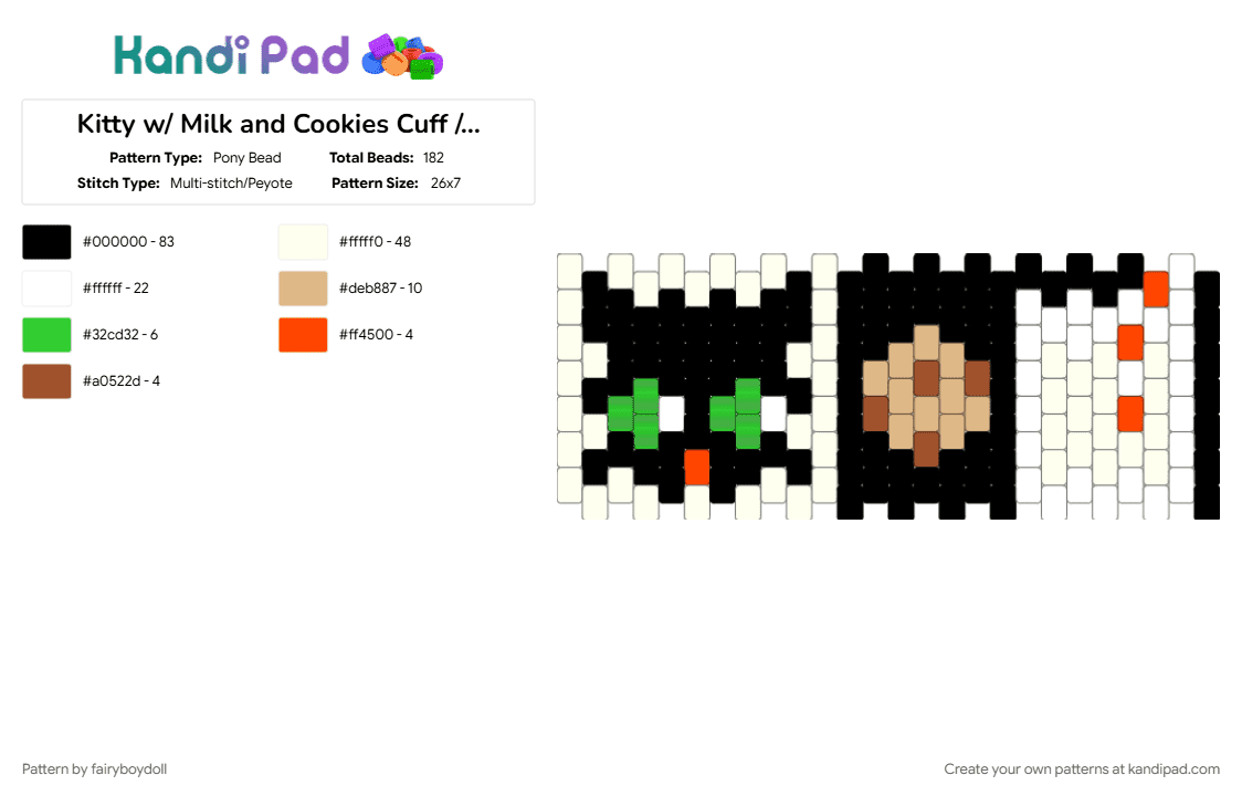 Kitty w/ Milk and Cookies Cuff /Small 26 - Pony Bead Pattern by fairyboydoll on Kandi Pad - beige, cat, cookie, milk, red, white