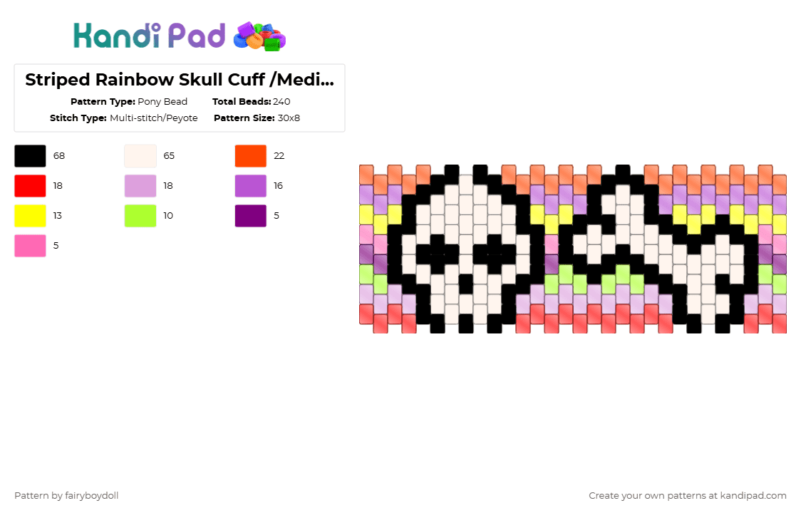 Striped Rainbow Skull Cuff /Medium 30 - Pony Bead Pattern by fairyboydoll on Kandi Pad - red,pink,rainbow,skull,bone