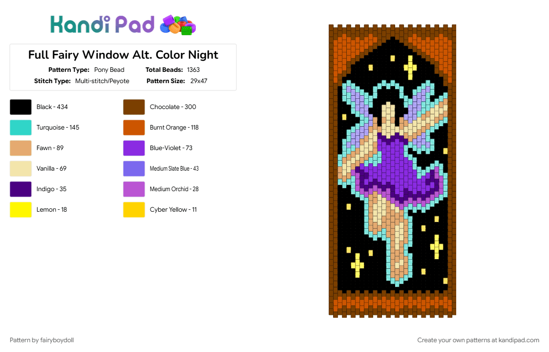 Full Fairy Window Alt. Color Night - Pony Bead Pattern by fairyboydoll on Kandi Pad - brown, purple, red, teal